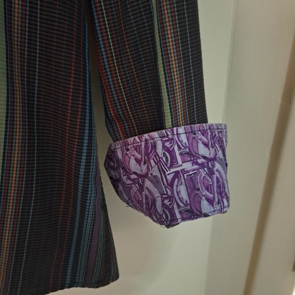 JERRY GARCIA Men's Multi Stripe Long Sleeve Button Down Gray Purple Trim Sz Lg - Picture 2 of 8